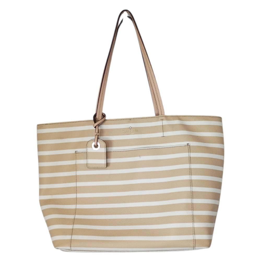 Kate Spade New‎ York Striped Tote Bag Beige White Faux Leather NWOT Large
